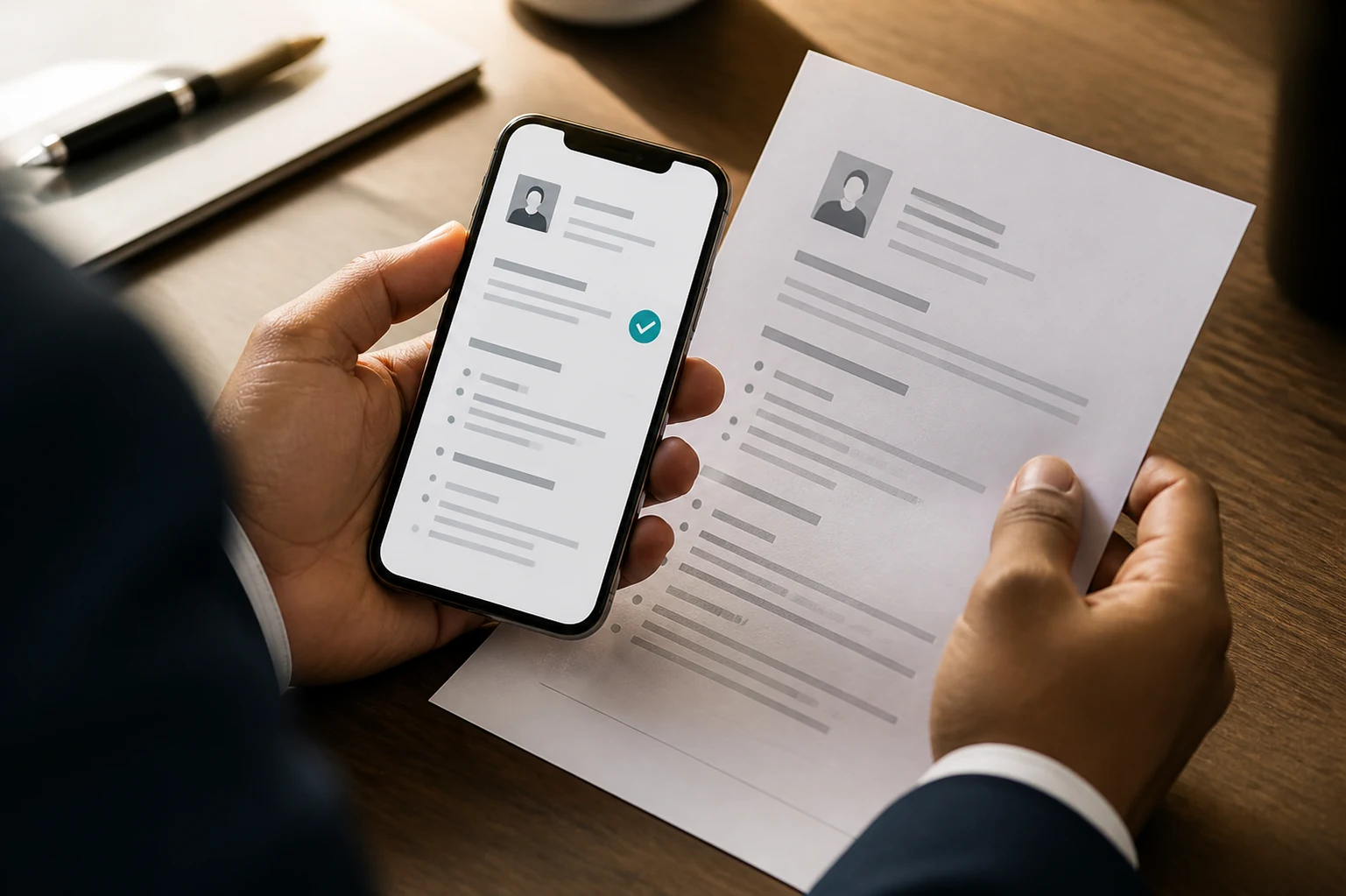 Consultant reviewing a candidate assessment checklist on a phone