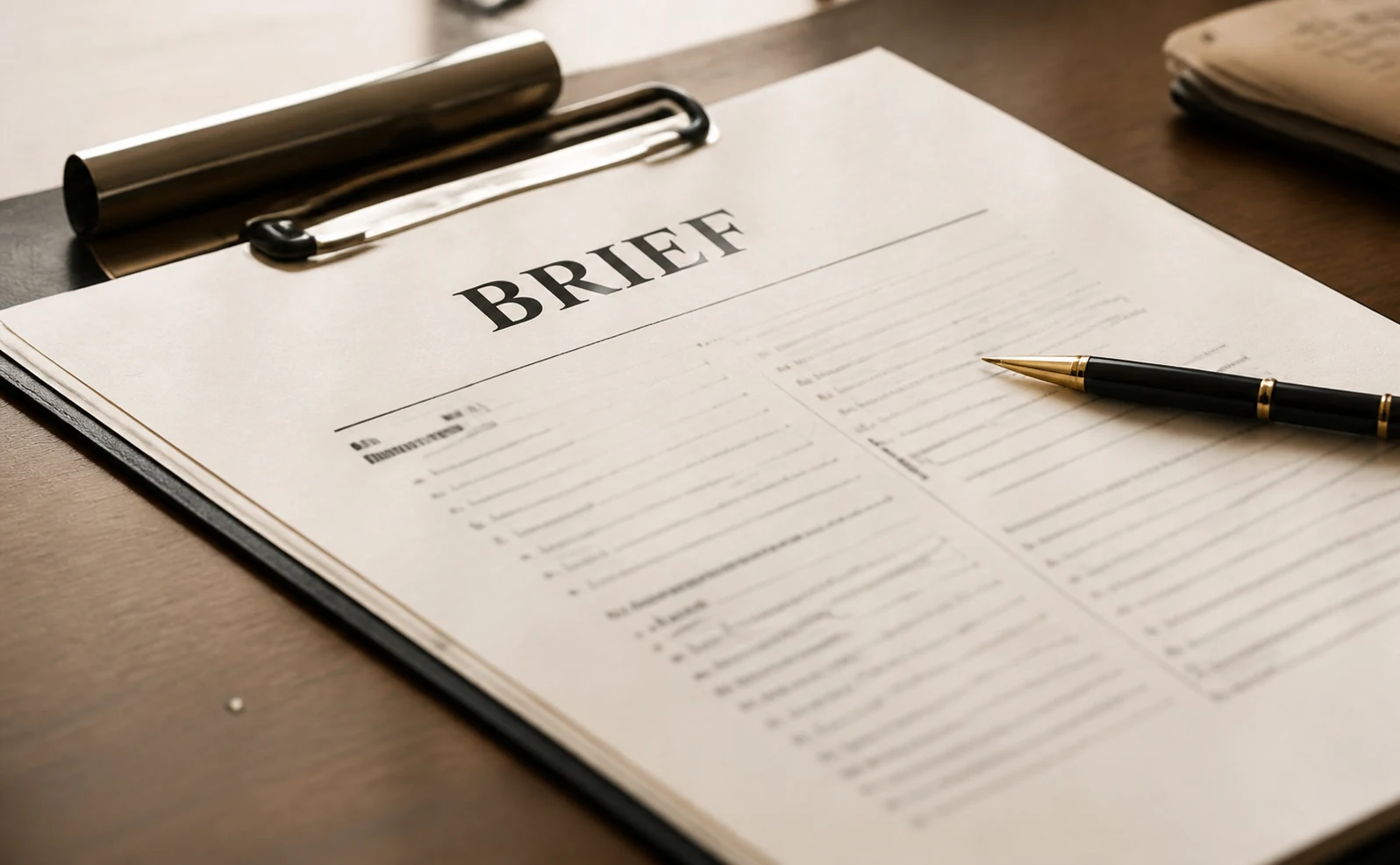 Recruitment brief on a clipboard with an executive pen