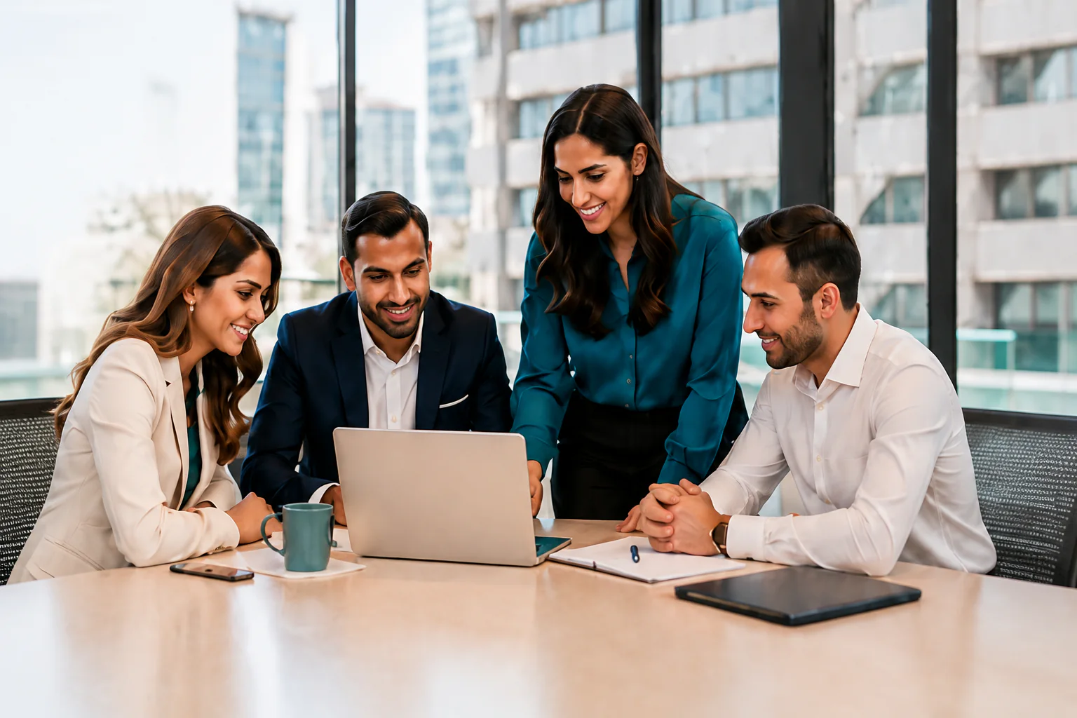 A Nukhba team conversation in an office overlooking Beirut